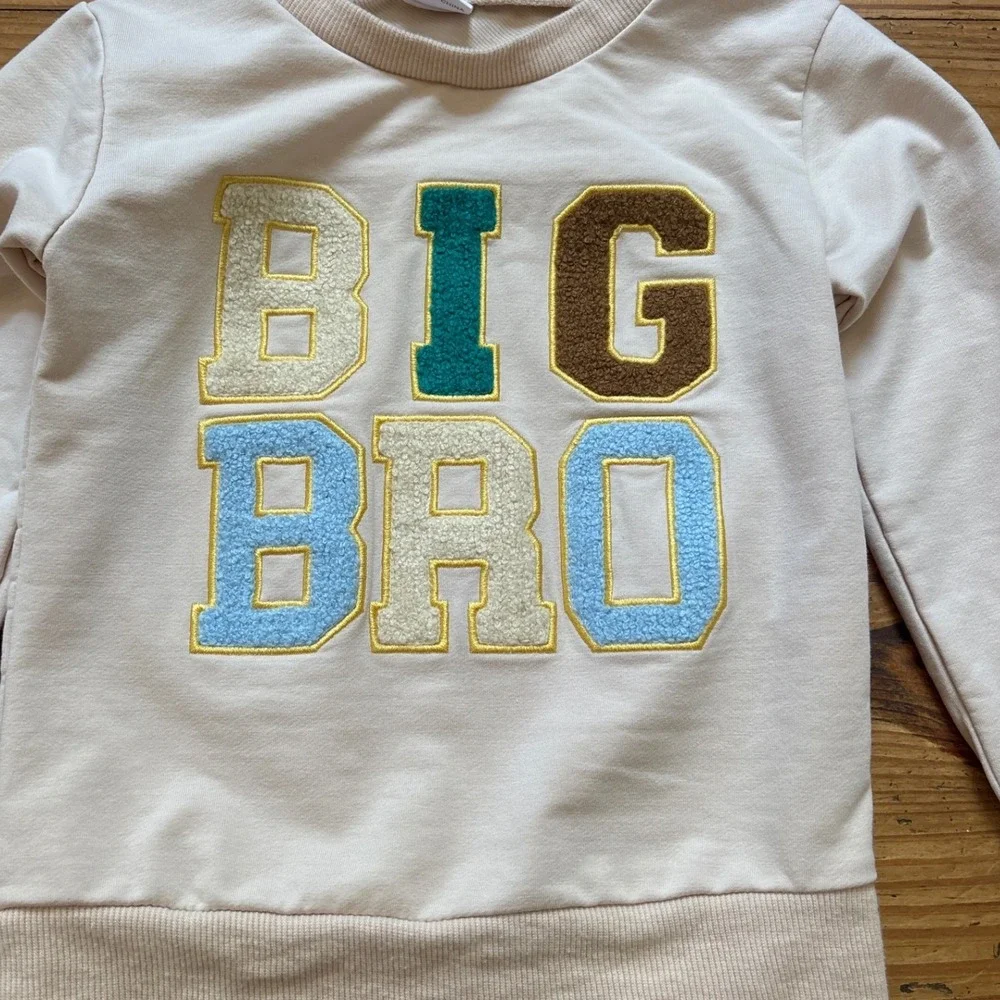 Big‎ Bro Sweatshirt Kids Beige Chenille Patch Pullover SIZE 2-3Y